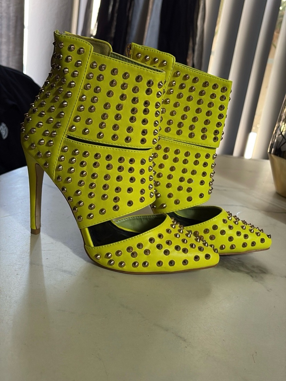 Miss Lola Neon Yellow Studded High-Heel Ankle Boots